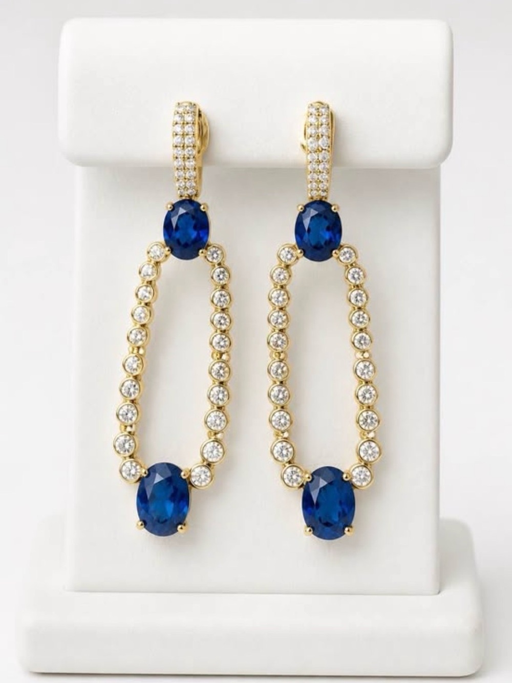 Gold Drop Earrings with Sapphire Gemstone and Clear CZ Accents